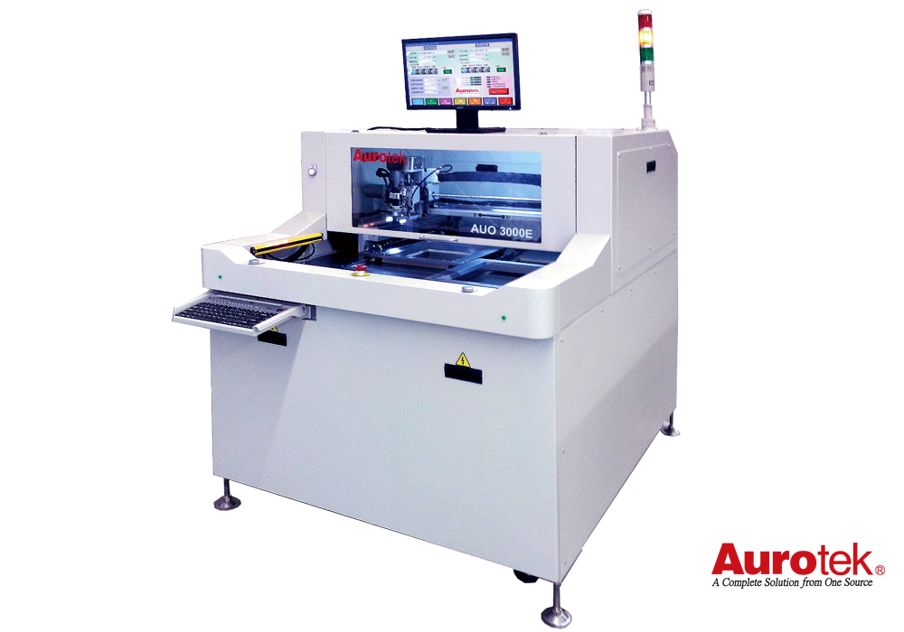 AUO 3000E離線型PCB切割機：銑刀使用高速運轉的主軸，切割的殘留應力是目前業界最低，且可依板厚制定銑刀切割段的長度。